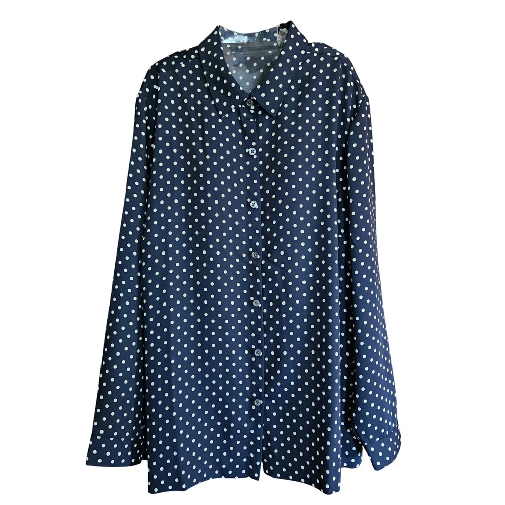 J. Jill Wearever Navy Blue Polka Dot Button Down Shirt Plus Sz 2X New With Tags